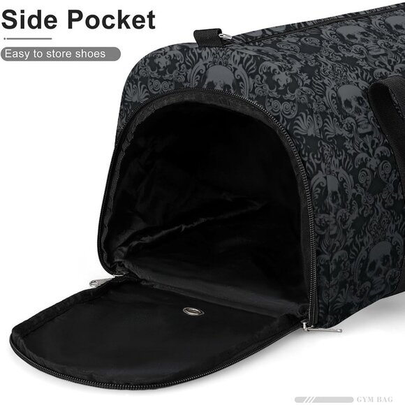 Gothic Skull Sport Gym Duffle Travel Bag Water Resistant Shoe Compartment - Picture 3 of 7